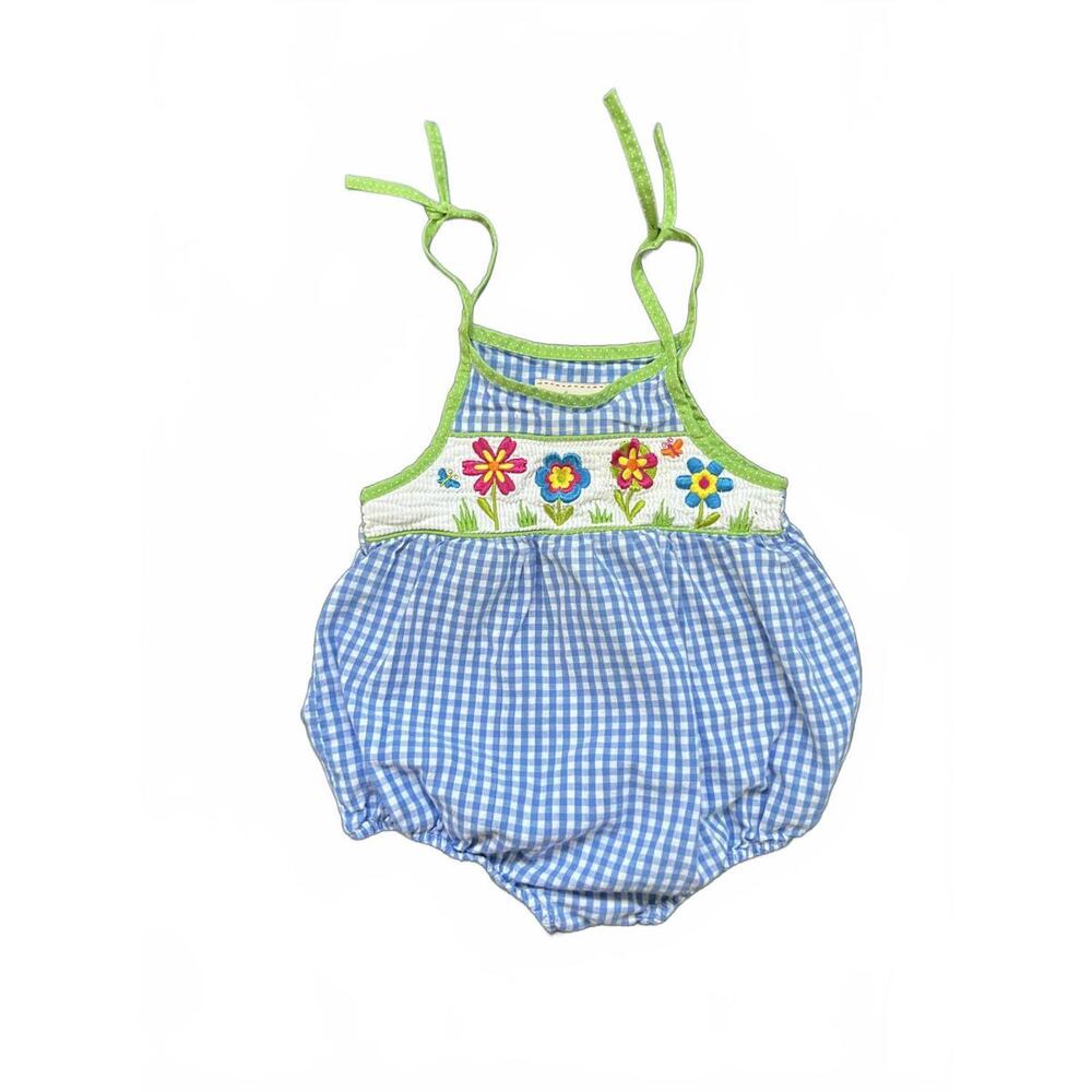 Toffee Apple Gingham Bubble Suit with Smocking & Embroidered Flowers - 6m